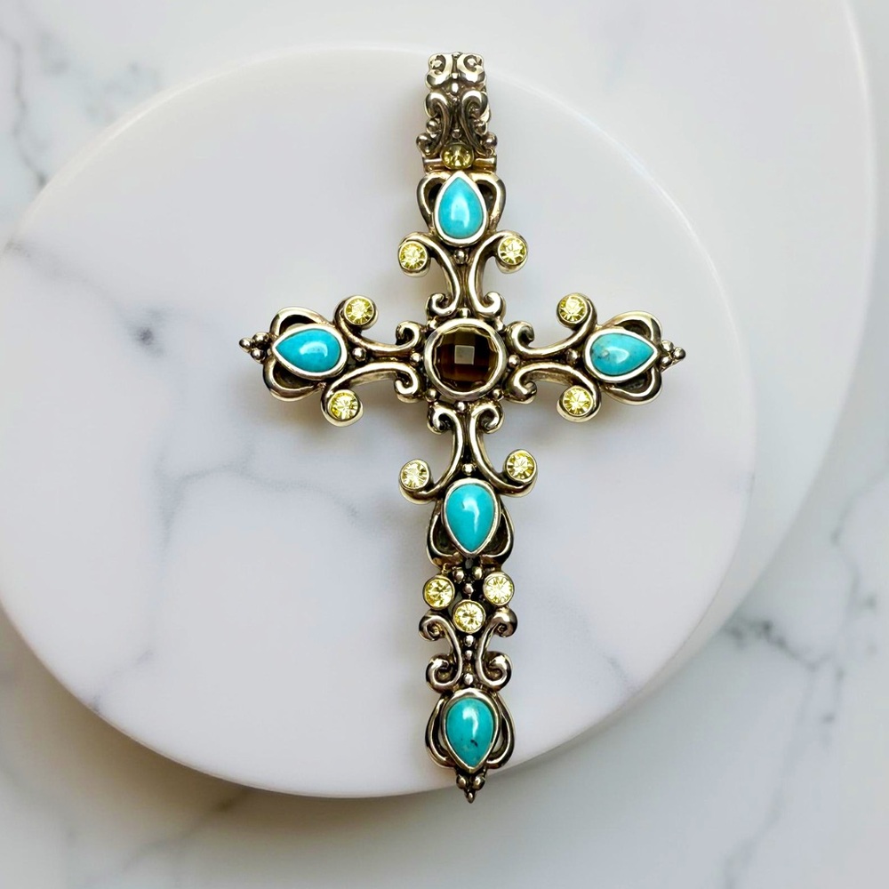 Barse Turquoise Smoky Quartz CZ Sterling Silver Ornate Cross Pendant 925